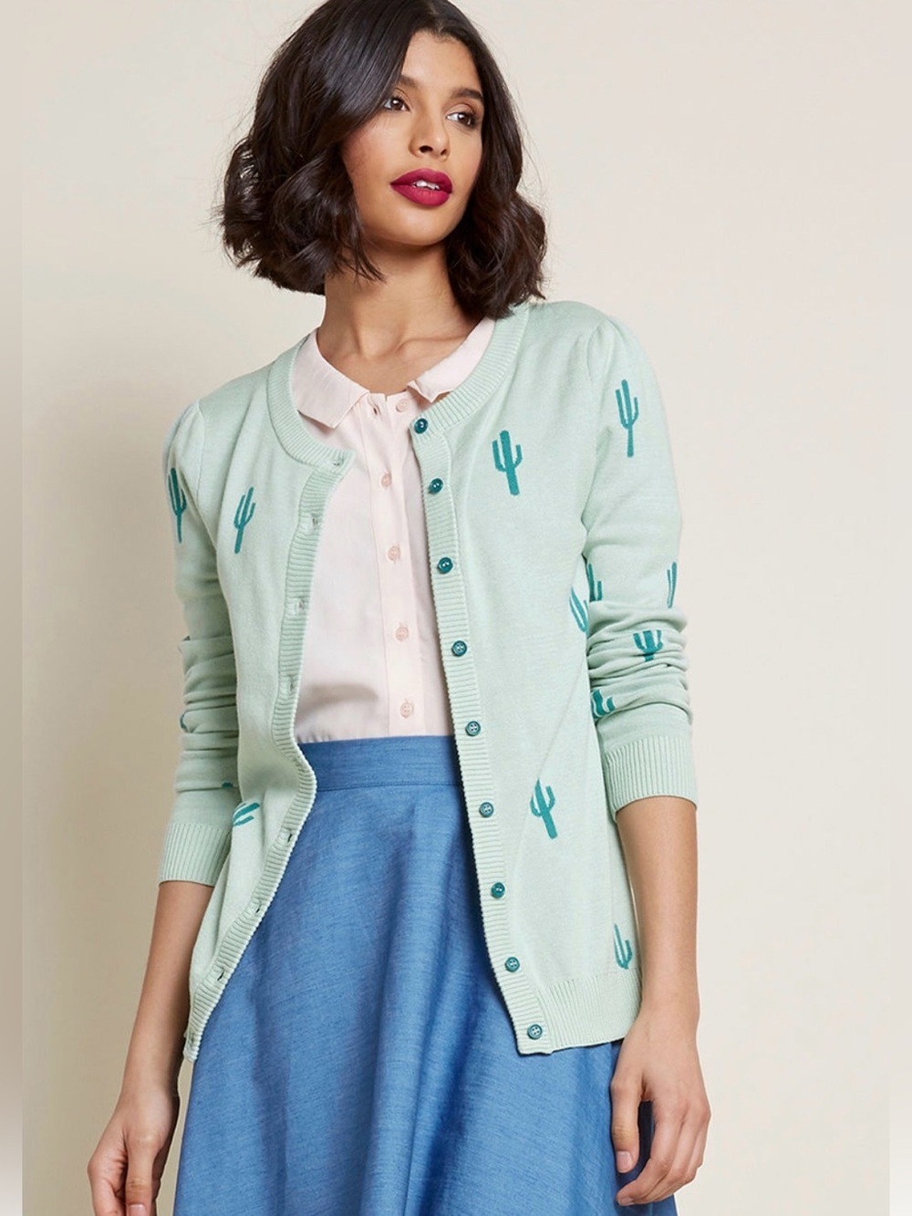 Modcloth Mint Green Cactus Cardigan Sweater size M